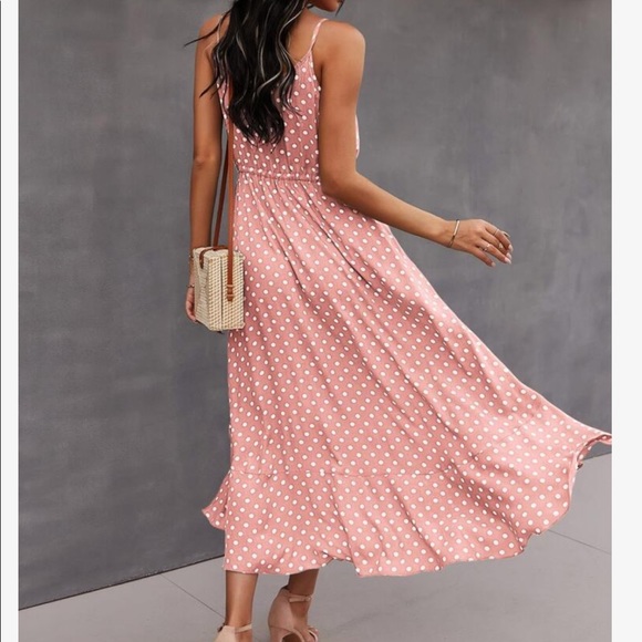 Boho Button Up V Neck Tie Polka Dot Dress GREEN - Picture 9 of 13